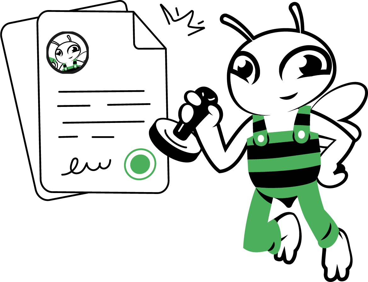 Abeille qui valide un document avec un tampon